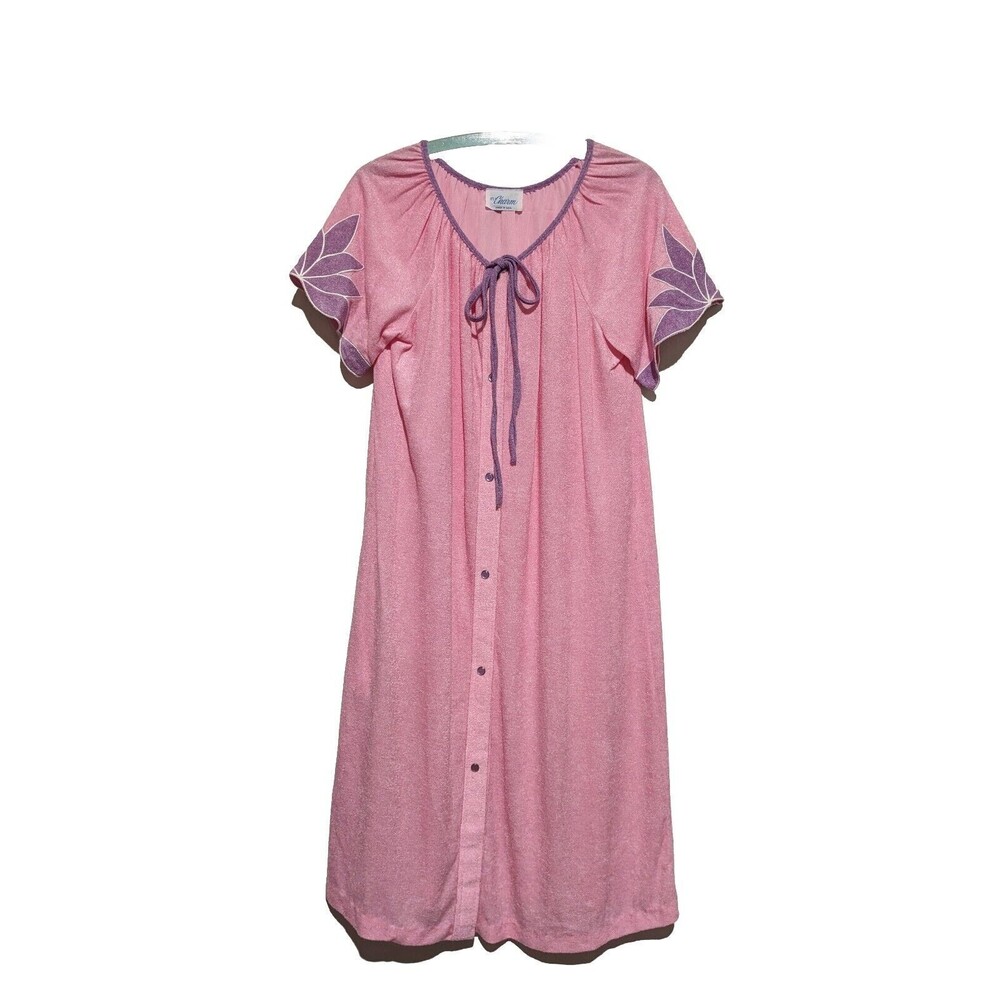 Vintage Terry Housecoat Lounger Robe Snap Front with Tie Neck 70s Pink Purple M
